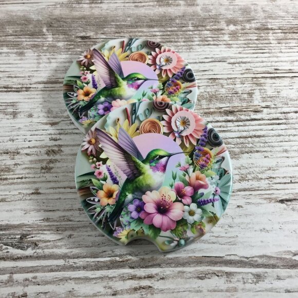 Hummingbird Pastel Flowers Car Coasters - Picture 5 of 6